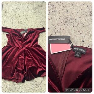 PrettyLittleThing Deep Red Velvet Off-Shoulder Romper